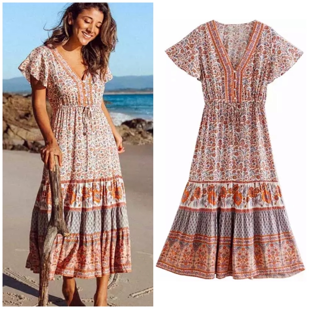 Boho Gypsy Short Flutter Sleeve Floral Dress - Picture 3 of 5